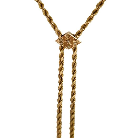 Victorian 10kt Gold Slide Necklace With Watch Fob Rope Chain with Seed Pearls (A - Picture 2 of 3